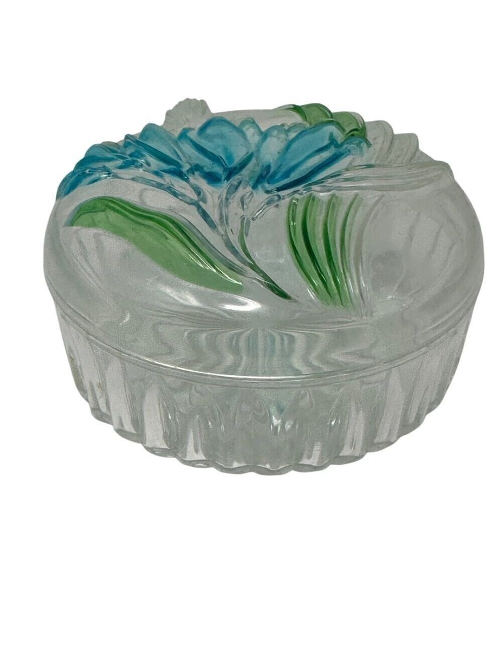 Vintage Clear Lucite Plastic Powder Box Blue Green Floral Starburst Ribbed